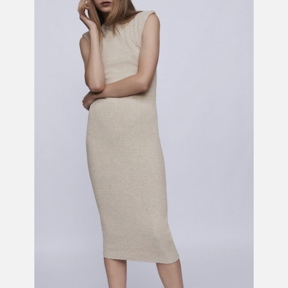 Zara Dresses & Skirts - Zara Ribbed Shoulder Pad Mink Marl Dress